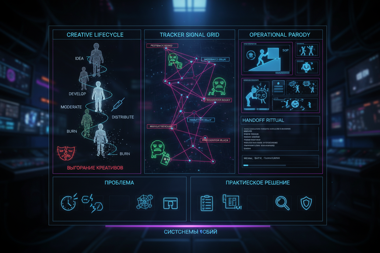 Выгорание креативов как темная комедия: операционная пародия для B2B фарм-команд